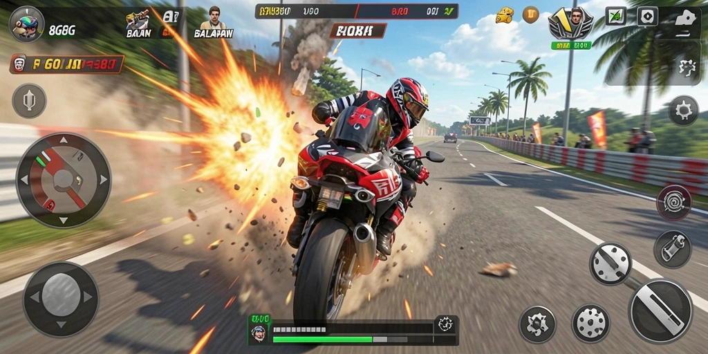 Screenshot utama menampilkan aksi balapan motor yang intens.