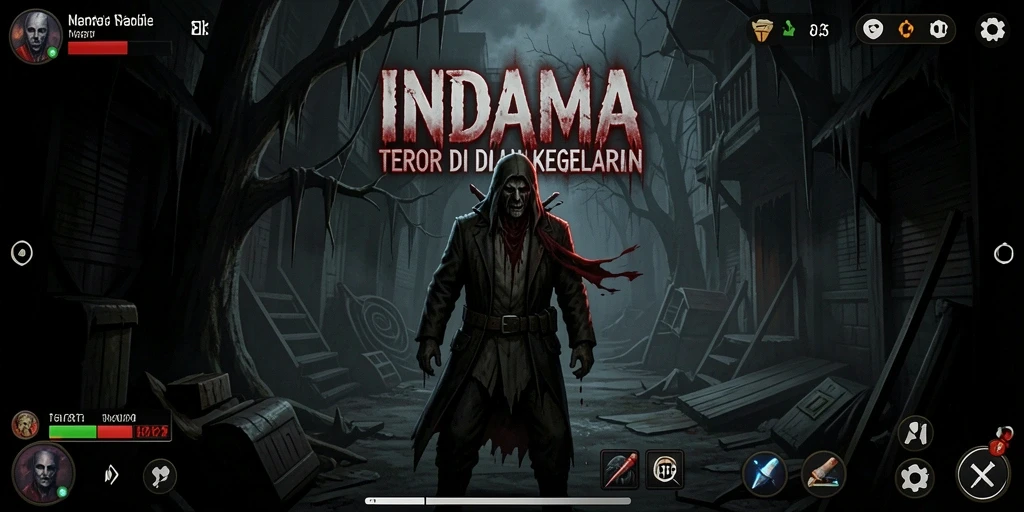 Tangkapan layar gameplay INDAAA yang menampilkan suasana mencekam dan menakutkan.