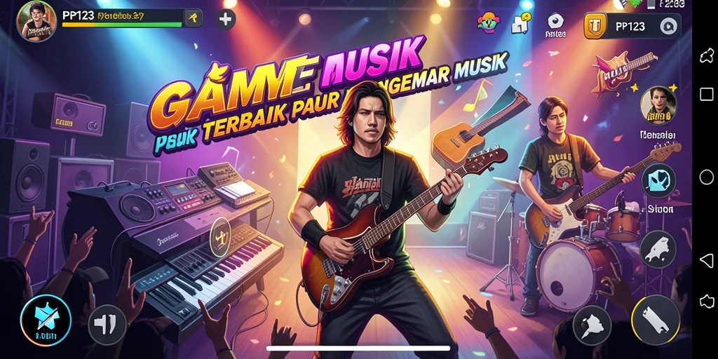 Screenshot gameplay PP123 menampilkan berbagai alat musik dan antarmuka interaktif.