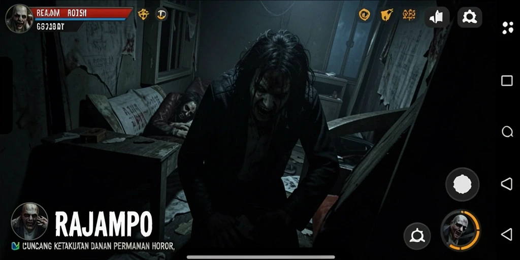 Screenshot utama RAJAMPO menampilkan suasana menyeramkan dalam gameplay.