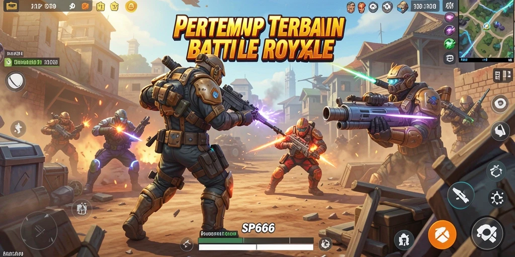 Screenshot SP666 menampilkan aksi pertempuran epik di arena Battle Royale.
