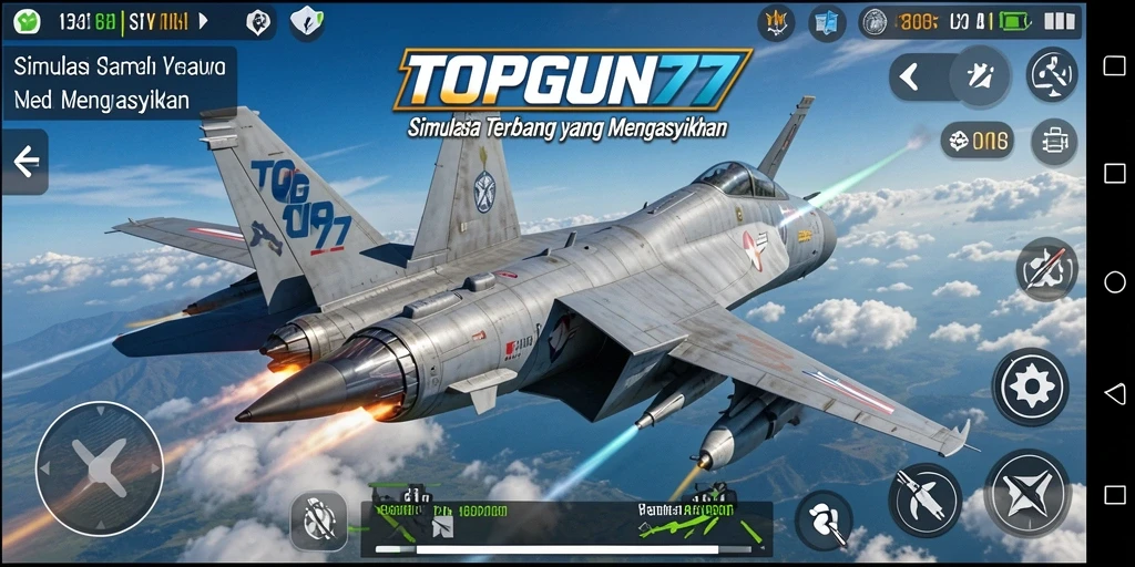 Gameplay TOPGUN77 menampilkan simulasi terbang pesawat tempur yang mendebarkan.