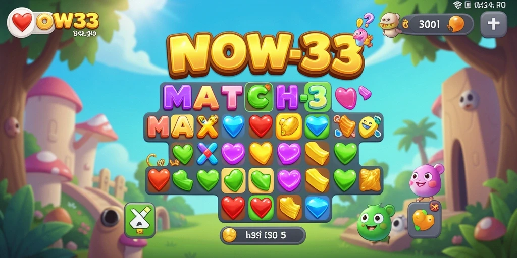 Screenshot gameplay WOW33 memperlihatkan tantangan Match-3 yang menarik.